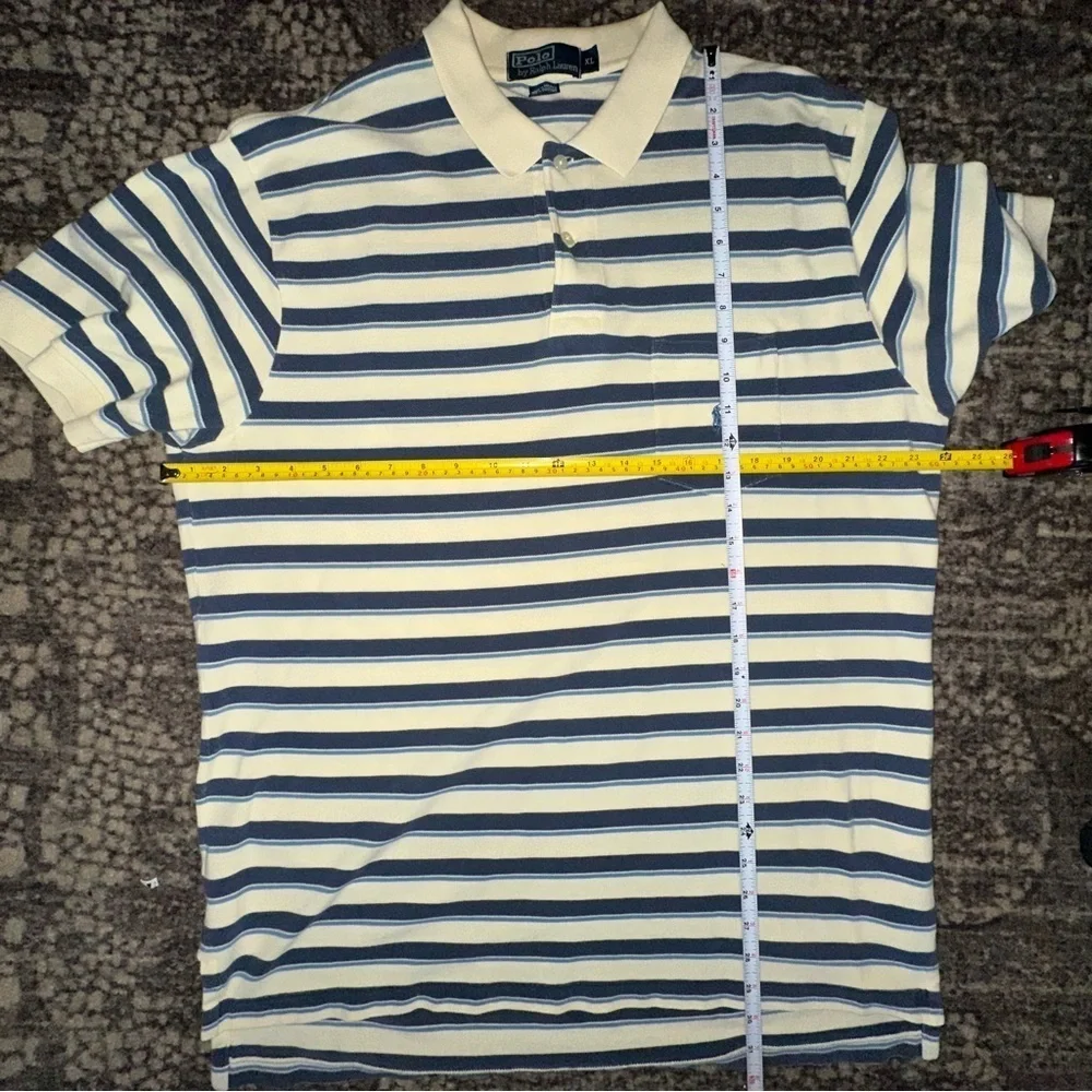 Polo Ralph Lauren Vintage Mens Size XL Cream Navy Blue Striped Cotton Polo Shirt